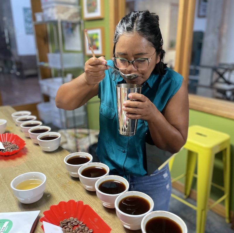 Cupping World Coffee Research sample varieties.